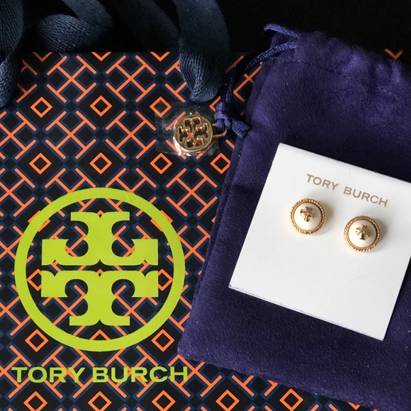 NEW Tory Burch Rope Logo Stud Earrings Gold/White - Picture 2 of 3